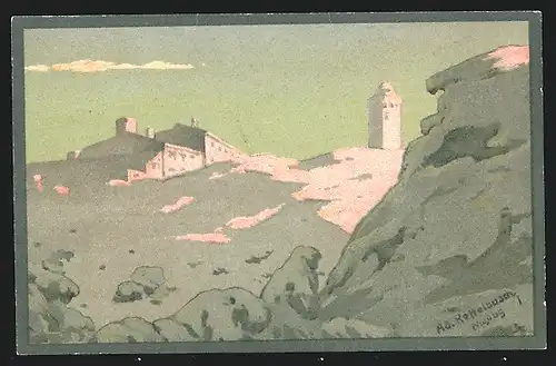Steindruck-AK Brocken, Brockenhaus, Teilansicht bei Sonnenaufgang von der Teufelskanzel aus gesehen