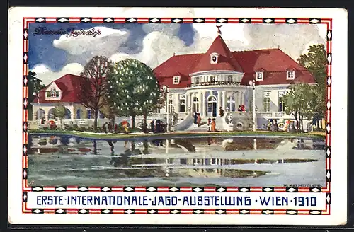 Künstler-AK H. Kalmsteiner: Wien, Int. Jagdausstellung 1910, Deutsches Jagdschloss