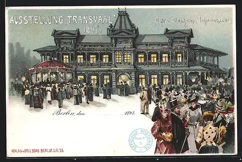 Lithographie Berlin, Ausstellung Transvaal 1897, Café und Clubhaus Johannesburg