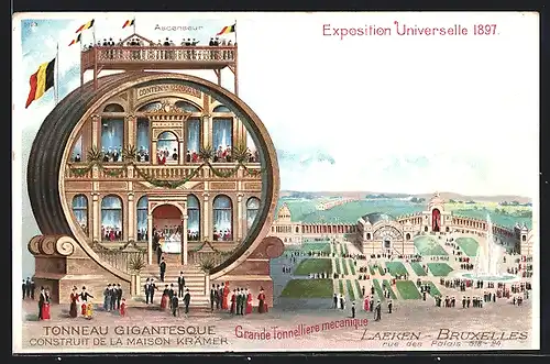 Künstler-AK Bruxelles-Laeken, Expositon Universelle 1897, Tonneau Gigantesque, Ascenseur, Rue des Palais 518-24