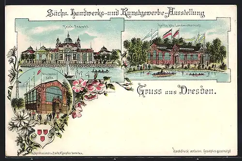 Lithographie Dresden, Sächs. Handwerks- und Kunstgewerbe-Ausstellung, Halle für Landwirtschaft, Teich-Ansicht