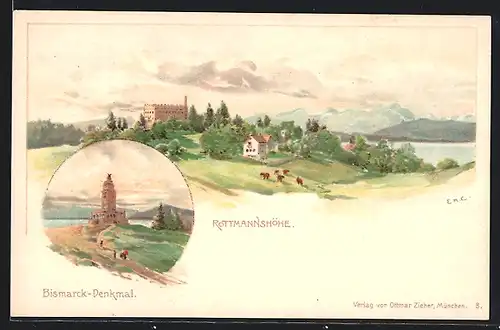 Lithographie Berg, Blick auf die Rottmannshöhe