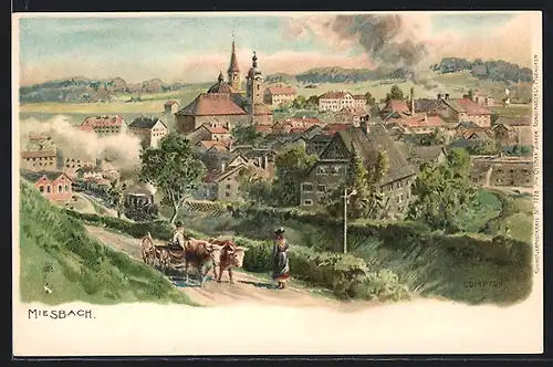 Lithographie Miesbach, Ochsenwagen auf Weg, Blick in den Ort