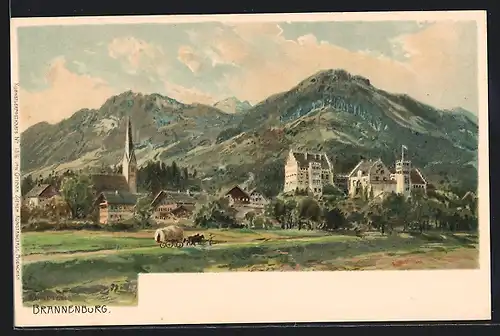 Künstler-AK Edward Theodore Compton: Brannenburg, Ortsansicht gegen das Gebirge