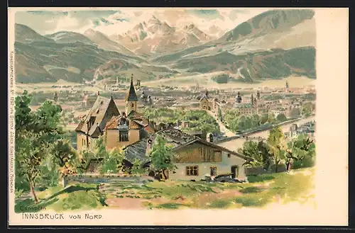 Künstler-AK Edward Theodore Compton: Innsbruck, Ortsansicht von Nord aus der Vogelschau