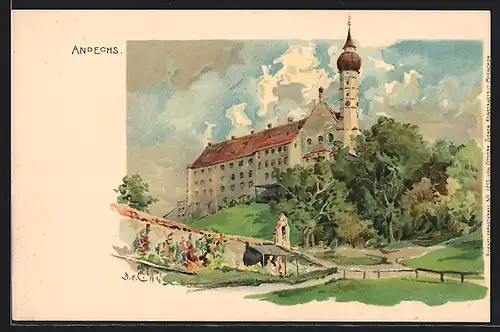 Künstler-AK Edward Theodore Compton: Andechs, Ortsansicht mit Kirche