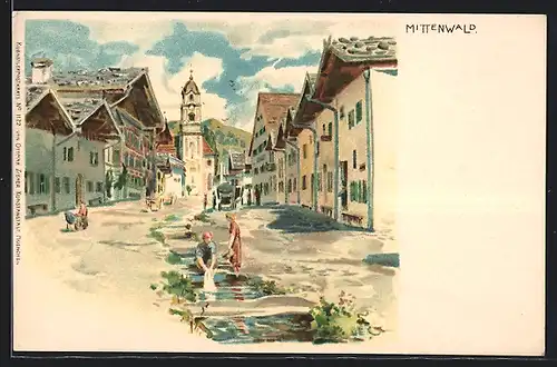 Künstler-AK Edward Theodore Compton: Mittenwald, Waschfrauen am Wasserlauf im Ortskern