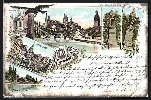 Lithographie Merseburg, Rabenhaus, Kaiser Friedrich Denkmal, Schlosshof