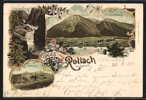 Lithographie Rottach a. Tegernsee, Hirschberghaus, Rottacher Wasserfall, Ortsansicht mit dem Wallberg