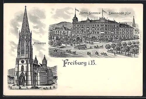 Lithographie Freiburg, Hotel Sommer Zähringer Hof und Münster