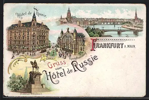 Lithographie Frankfurt a. M., Teilansicht mit Brücken, Hotel de Russie