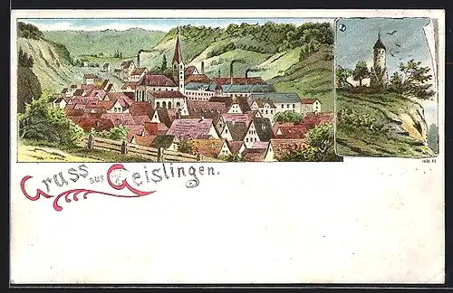Lithographie Geislingen, Totalansicht, einsamer Turm