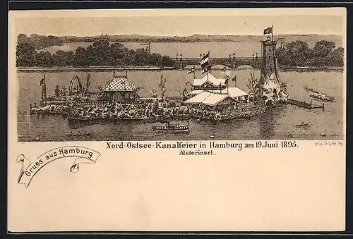 Lithographie Hamburg-St.Georg, Nord-Ostsee-Kanalfeier 19.6.1895, Alsterinsel