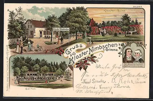 Lithographie Grimma, Kloster Nimbschen, Kloster-Ruine, Garten, Dr. Matin Luther & Katharina v. Bora