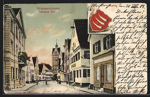 AK Weissenhorn, Hauptstrasse mit Geschäften, Wappen