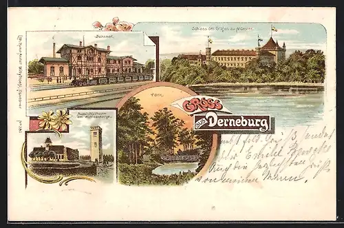 Lithographie Derneburg, Schloss des Grafen zu Münster, Bahnhof, Aussichtsturm am Wohldenberge