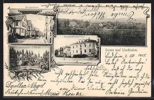AK Lindheim / Hessen, Hexenturm u. Kirche, Haushaltungsschule, Hauptstrasse, Totalansicht