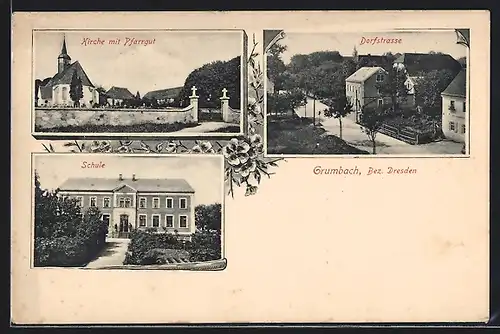 AK Grumbach, Schule, Dorfstrasse, Kirche mit Pfarrgut