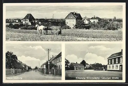 AK Bennewitz, Kreuzung Grimmaische und Leipziger Strasse, Neue Siedlung