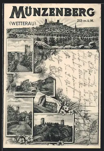 AK Münzenberg, Gasthaus zur Burg Münzenberg, Rittersaal, Burgruine, Ortsansicht, Landkarte