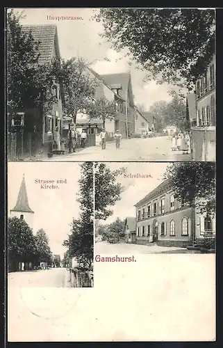 AK Gamshurst, Schulhaus, Hauptstrasse, Strassenpartie mit Kirche