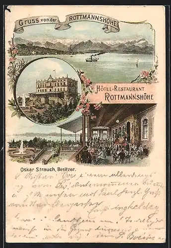 Lithographie Berg, Hotel-Restaurant Rottmannshöhe von Oskar Strauch, Innenansicht, Gebirgspanorama