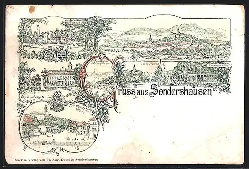 Lithographie Sondershausen, Schloss vom Lustgarten, Der Possen