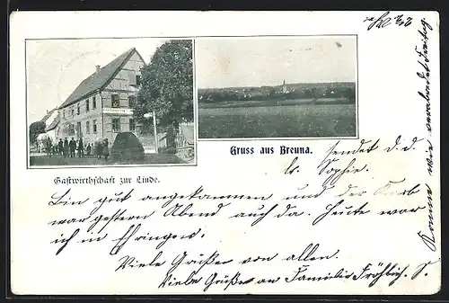 AK Breuna, Gastwirtschaft zur Linde, Ortsansicht mit Kirche