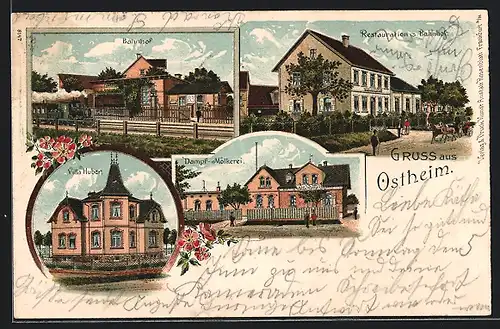 Lithographie Ostheim, Restauration z. Bahnhof, Villa Huber, Dampf-Molkerei
