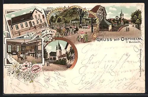 Lithographie Ostheim b. Butzbach, Wirtschaft von J. Fett, Kirche, Garten