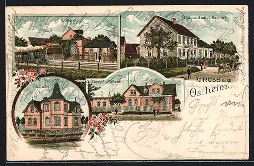 Lithographie Ostheim, Restauration z. Bahnhof, Villa Huber, Dampf-Molkerei