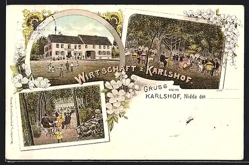 Lithographie Nidda, Gasthaus zum Karlshof, Gartenpartien