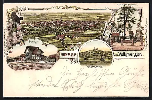 Lithographie Volkmarsen, Bahnhof, Krieger-Denkmal, Kugels Burg