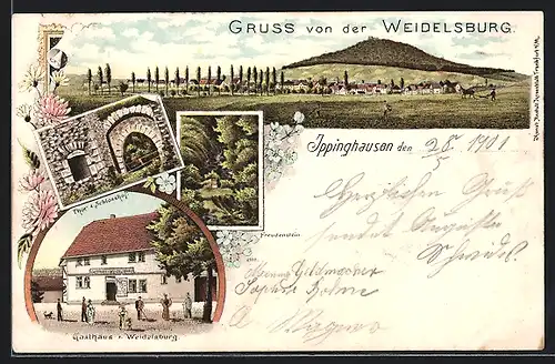 Lithographie Ippinghausen, Gasthaus zur Weidelsburg, Tor & Schlosshof, Freudenstein
