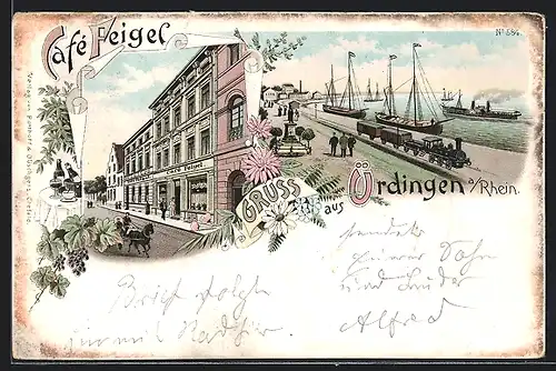 Lithographie Uerdingen, Cafe Feigel, Partie am Rheinhafen