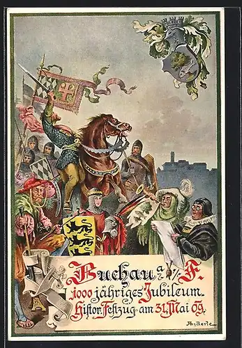 Künstler-AK Buchau a. F., Volksfest 1000 Jahre, Historischer Festumzug am 31. Mai 1909