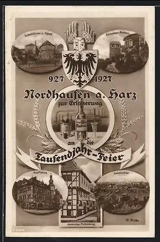 AK Nordhausen, Zur Erinnerung an die Tausendjahr-Feier 1927, Judentürme und schule, Primarius-Graben, Rathaus