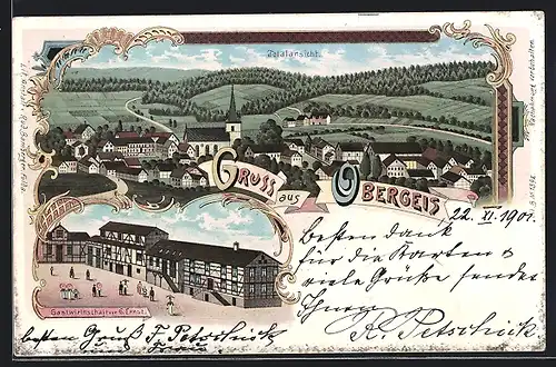 Lithographie Obergeis, Totalansicht, Gastwirtschaft v. H. Ernst