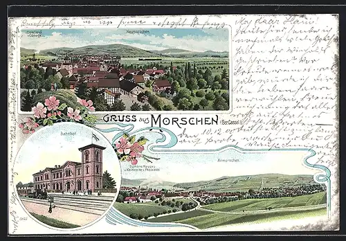 Lithographie Morschen bei Cassel, Bahnhof, Neumorschen, Altmorschen