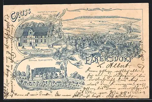 Lithographie Elbersdorf, Gasthaus zum grünen Baum, Schloss Spangenberg