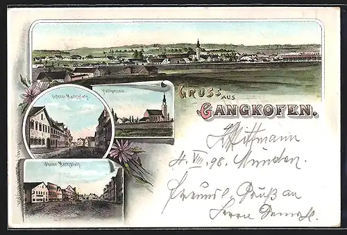 Lithographie Gangkofen, Heiligenstadt, Unterer Marktplatz, Oberer Marktplatz