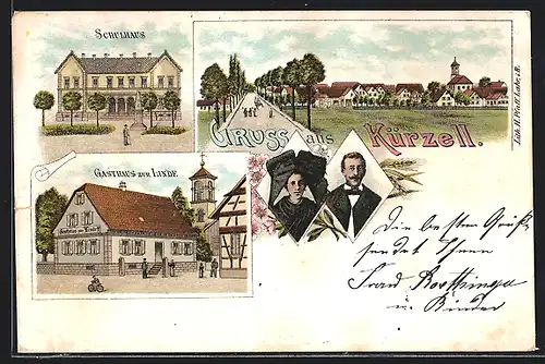 Lithographie Kürzell, Gasthaus zur Linde, Schulhaus