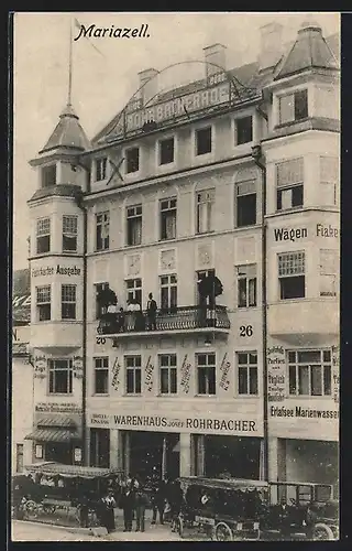 AK Mariazell, Hotel Rohrbacherhof und Warenhaus Josef Rohrbacher