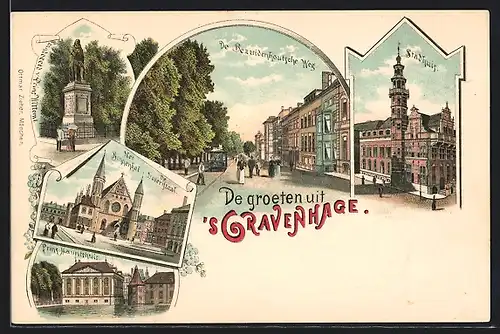 Lithographie `s Gravenhage, Stadhuis, De Bezuidenhoutsche Weg, Standbeeld v. Prins Willem I.