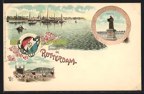 Lithographie Rotterdam, Willemsbrug, Erasmus-Denkmal, Hafen mit Segelschiffen