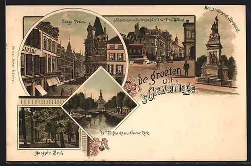 Lithographie s'Gravenhage, Haagsche Bosch, Lange Pooten, Het Nationaal Monument