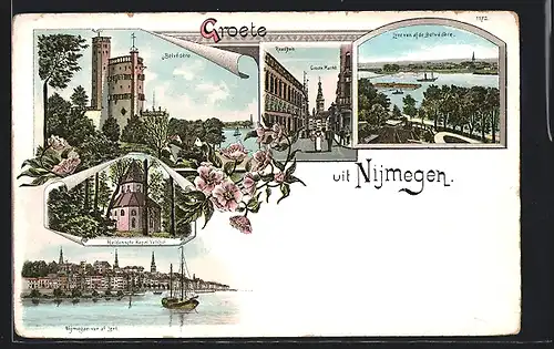 Lithographie Nijmegen, Belvedere, Raadhuis, Heidensche Kapel Valkhof & Panorama