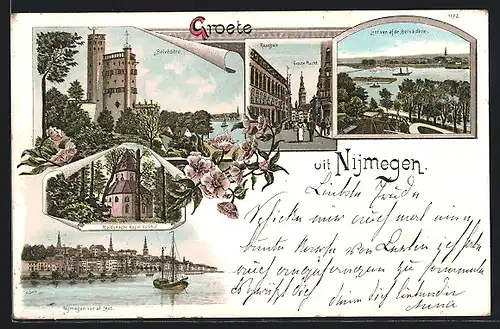 Lithographie Nijmegen, Belvedere, Raadhuis, Heidensche Kapel Valkhof & Panorama