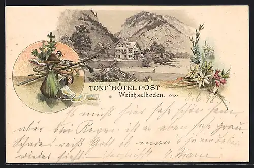 Lithographie Weichselboden, Blick auf Toni`s Hotel Post