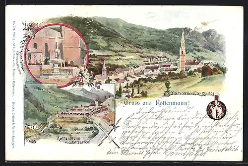 Lithographie Rottenmann, Kaiser Franz Josef-Jubiläumsbrunnen, Ortsansicht mit Kirche